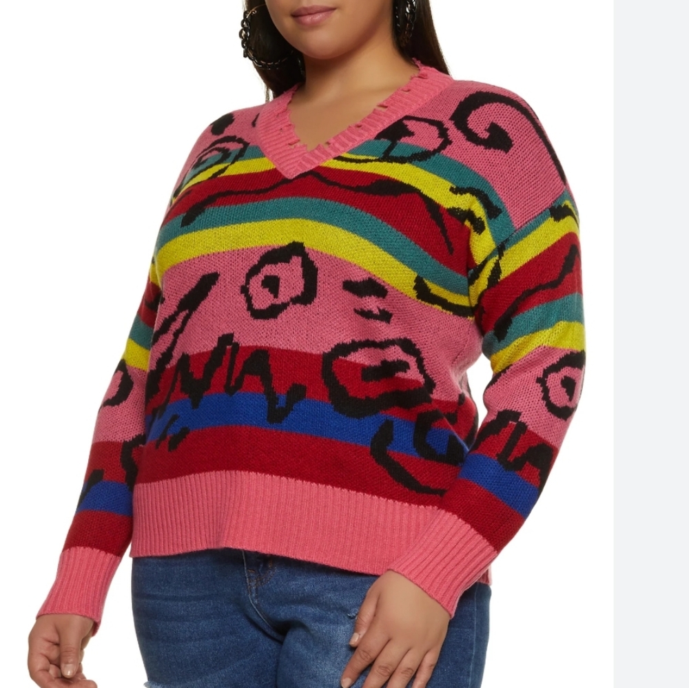 Trendy Threads Retro Multicolored Distressed Vneck Sweater NWT Sz. L